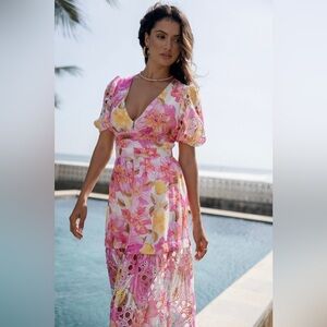 All About May Blossom Pink Print Midi Dress with Puffed Sleeves Size 6